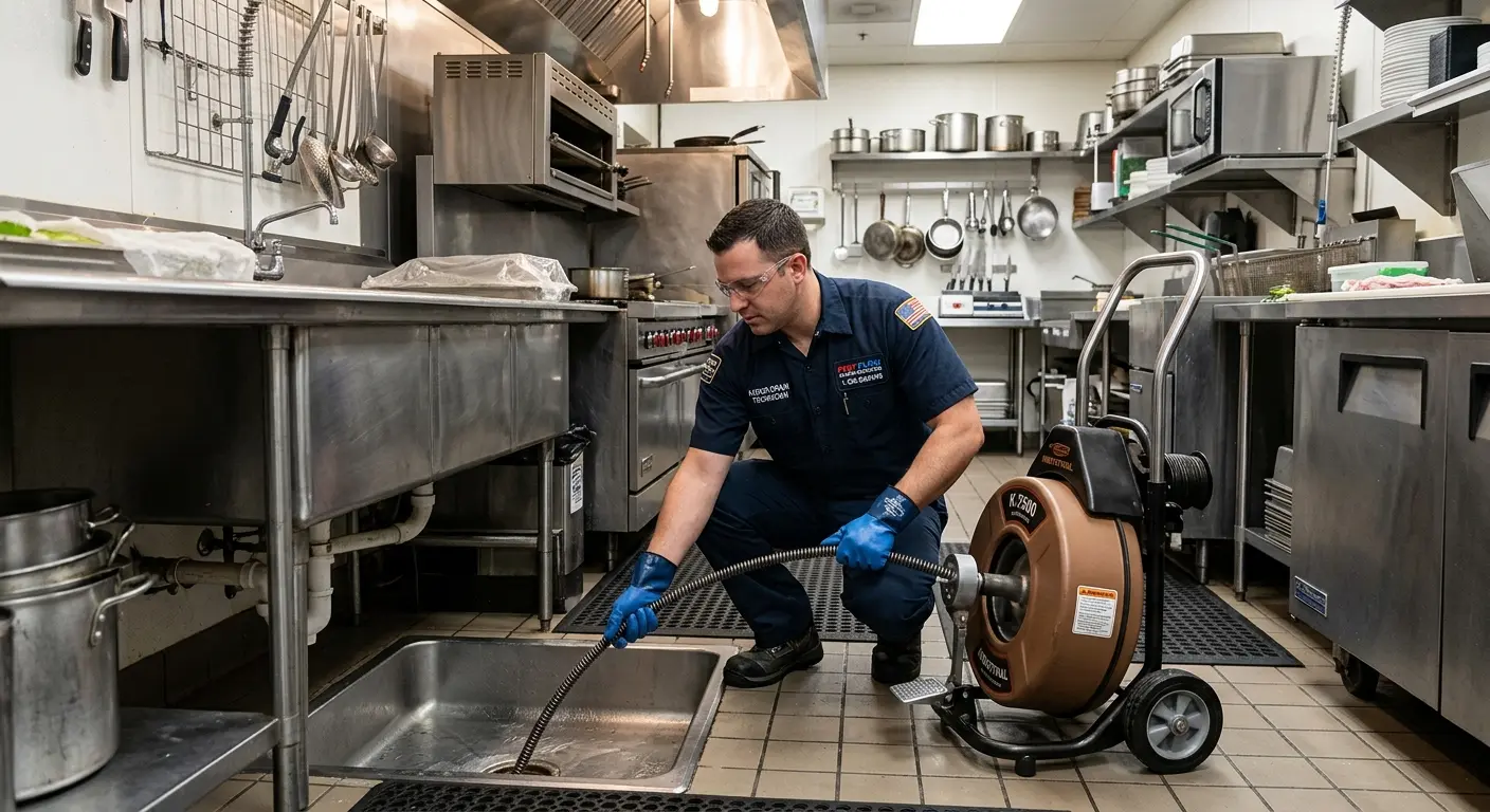 Commercial drain cleaning service in a restaurant kitchen in Buffalo