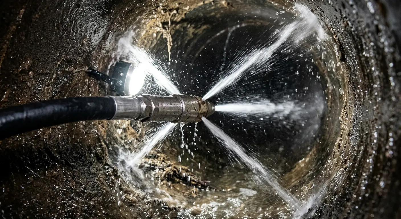 High-pressure hydro jetting nozzle cleaning sewer pipe for Emergency Drain Service in Buffalo
