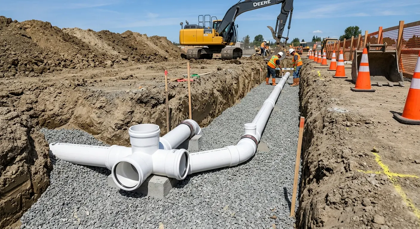 New PVC sewer pipe installation in open trench for Sewer Backup in Buffalo