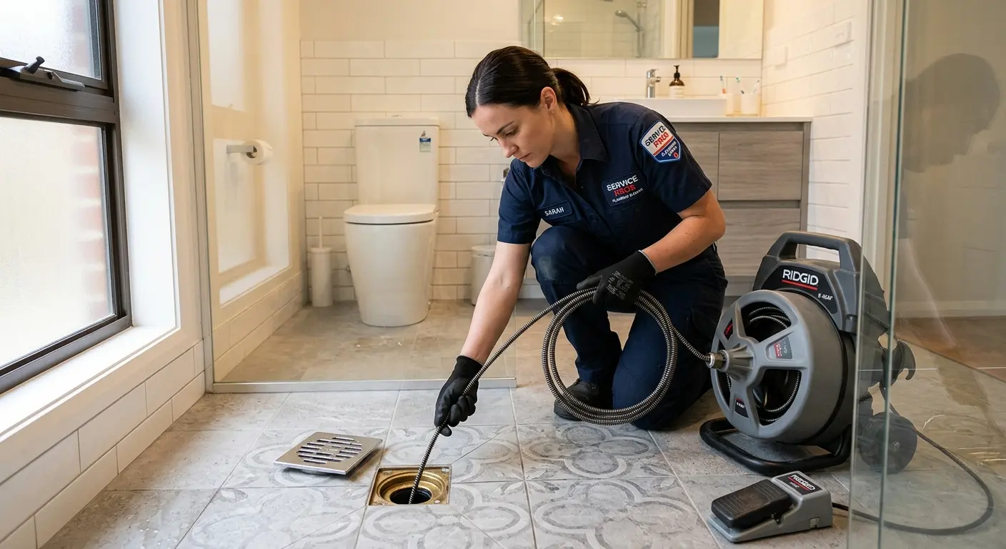 Technician clearing a bathroom floor drain for Sewer Line Replacement in Buffalo